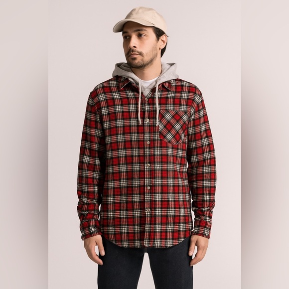 Time and Tru Red Plaid Hooded Shirt - Picture 1 of 7